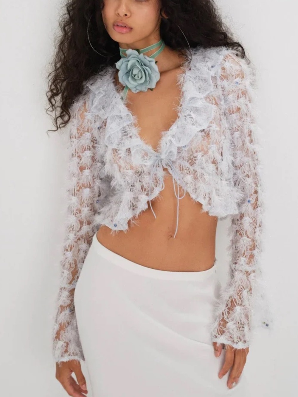 For Love & Lemons Moira Top Blue Eyelash Lace Cropped Cardigan 39239